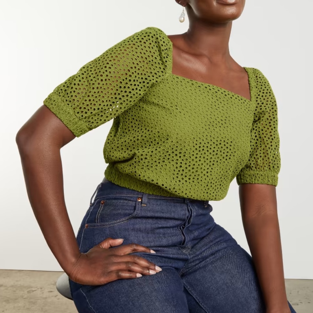 NWOT Everlane Women's Green The Eyelet Puff Sleeve Top